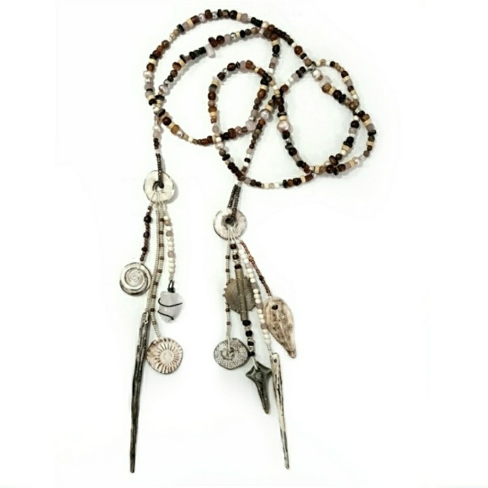 Artisan Earthy Beaded Tassel Lariat Necklace